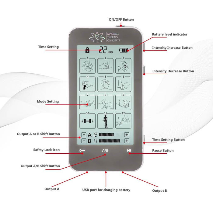 Verve TENS Unit and EMS Muscle Stimulator | 2 Channels | 12 Modes - Massage Therapy Concepts